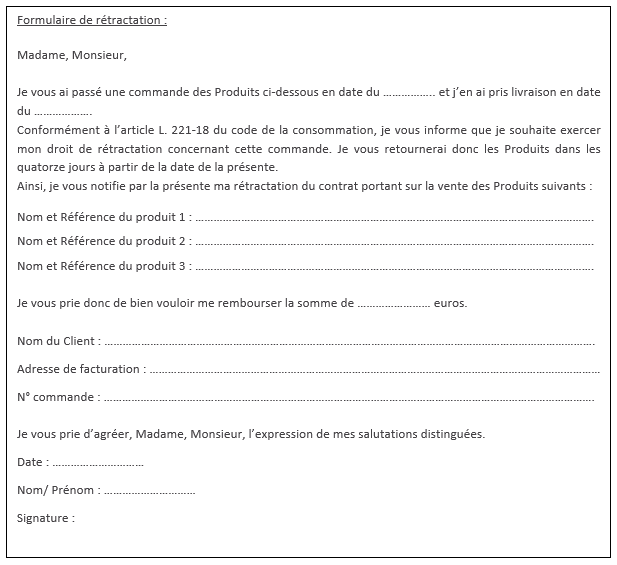formulaire de rétractation